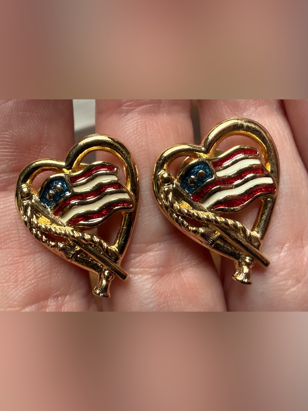 Lot of 2 Avon Gold-tone Heart Pin Red, White Blue Enamel Flag Patriotic